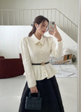 Inelli Shirring Collar Knit Pearl Cardigan