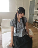 Pique Check V-Neck Shirring Puff Short Sleeve Blouse