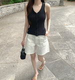 Knit Button Ribbed V-neck Sleeveless