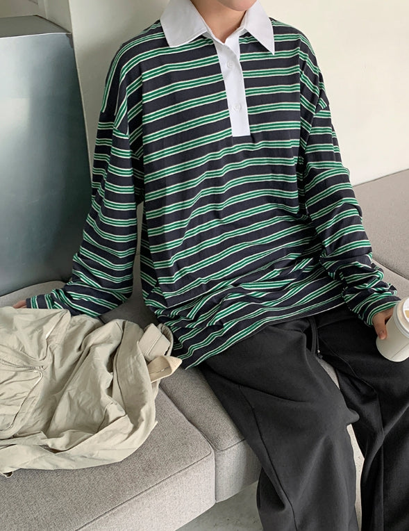 【BAON】Moruku Stripe Collar Over Long Sleeve Tee BAON (バオン) - モルクストライプカラーオーバー長袖Tシャツ