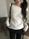 Fuzz Collar Rib Off-Shoulder Slit Long Sleeve Knit