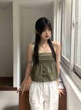 Folp button shirring cotton tank top tube top