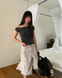 Az Pigment Washing Unbalanced One Off-Shoulder Button Short Sleeve T-shirt