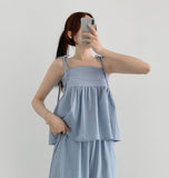Striped flare string sleeveless wide banding pants two-piece
