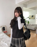 Moon round neck ribbon layered wool short sleeve knit
