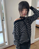 [Muffler SET] Ked Stripe Off-Shoulder Long-Sleeve Knit