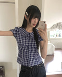 Warden Round Collar Puff Check Blouse
