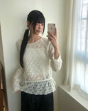 Ui punching ribbon strap round neck see-through long-sleeved knit