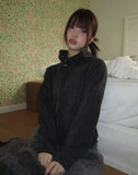 Hion high neck button hooded zip-up