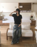 Binden side pin tuck back pocket wide denim pants