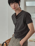 Rib shawl patch henley neck short sleeve t-shirt