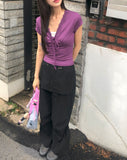 Dyeing V-neck Ribbon See-through Short Sleeve T-shirt