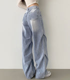 Knee Side Pin Tuck Balloon Waist Adjustment Wide Fit Denim Pants