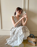 [Strap set] Gloss Floral Color Matching Sleeveless Long One Piece