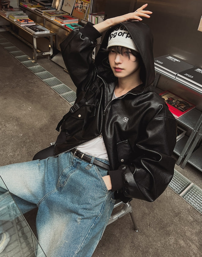 [PREMIUM/MADE] Nut leather label crop hooded jumper