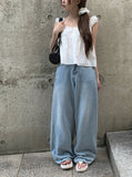 Wet Light Blue Washing Wide Denim Pants