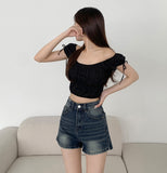 Side Slit Point Washing Denim Shorts