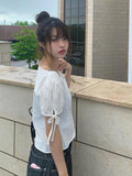 Henry Ribbon Pintuck Shirring Square Short Sleeve Blouse