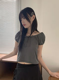 Kelle Ribbon Shirring Mesh Air Puff Crop Short Sleeve T-shirt