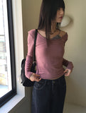 Jitel Vintage Stripe Deep U Neck Long Sleeve T-Shirt