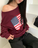 Murhit American Flag Printing One-Off Shoulder Long Sleeve Sweatshirt