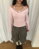 Matan Stripe Halter V-neck Long Sleeve T-shirt Set