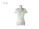 [MADE/more BASIC] Sisson Punching Heart Neck Shirring Cap Sleeve Short Sleeve T-shirt