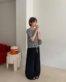 Igets Square Neck Check Short Sleeve Blouse