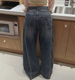 Two-Pocket Back Pocket Curved Cut Line Wide Denim Pants