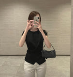 Side Button Wrap Drape Twist Shirring Short Sleeve Knit