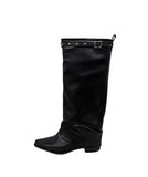 Stud Buckle Shirred Stiletto Long Boots