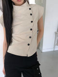 Newji Diagonal Button High-Neck Blouse Shirt