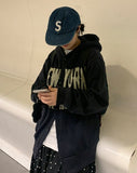 Yoku lettering brushed hood cardigan