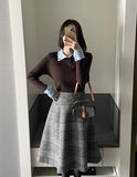 Eble Herringbone Check Flare Wool Skirt