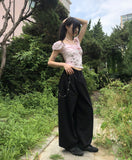 Rosen Flower Print Shirring Short Sleeve T-Shirt