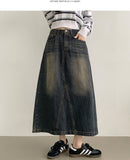 Simple Casual A-line 4-season Curved Line Denim Long Skirt