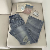 Catbrush Washing Ripped Jeans Semi-Bootcut Denim Pants