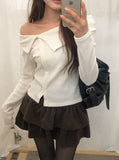 Cashier Button Off-Shoulder Unbalance Ribbon Knit