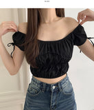 Lovely Hip Shoulder Ribbon Banding Off-shoulder Short Sleeve Blouse
