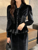 Roselle Peplum Tie Velvet Jacket Blouse