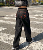 Raw Unique Red Stitch Heart Point Embroidery Wide Denim Pants