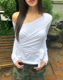 Evin Ribbon Unbalanced Layered One-Off Shoulder Long Sleeve T-Shirt