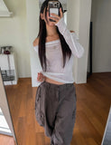 Ruffle see-through shirring drape long sleeve