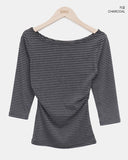 Velko Boat Neck Stripe Side Shirring Three Quarter T-shirt