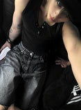 Adjust cut black denim bermuda pants