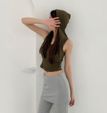 Waffle V-neck Hood Sleeveless Knit T-shirt