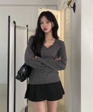 Div Long Slim Cable V-neck Knit