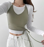 Halterneck Two-Tone Layered Ribbon Crop T-shirt