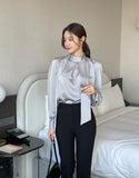 Huberin Satin Pintuck Ribbon Tie Blouse