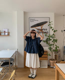 Demins Ribbon Button Denim Short Sleeve Blouse